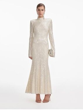 Self Portrait Cream Square Rhinestone Fishnet Midi Dress